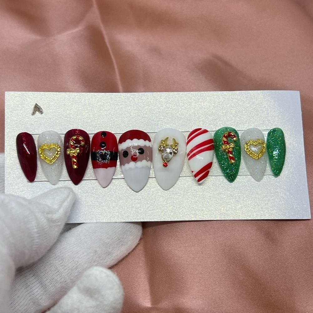 New Christmas Custom Rhinestone Santa Candy Cane Reindeer press on nails